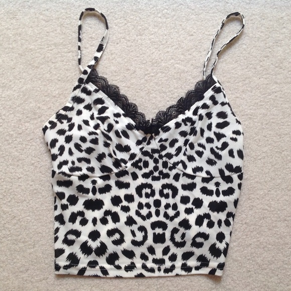 Black white Leopard cheetah print lace trim tank - Picture 2 of 2